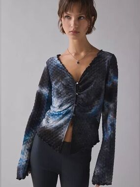 Urban Outfitters Black and Navy Textured Ruched Button Front Top